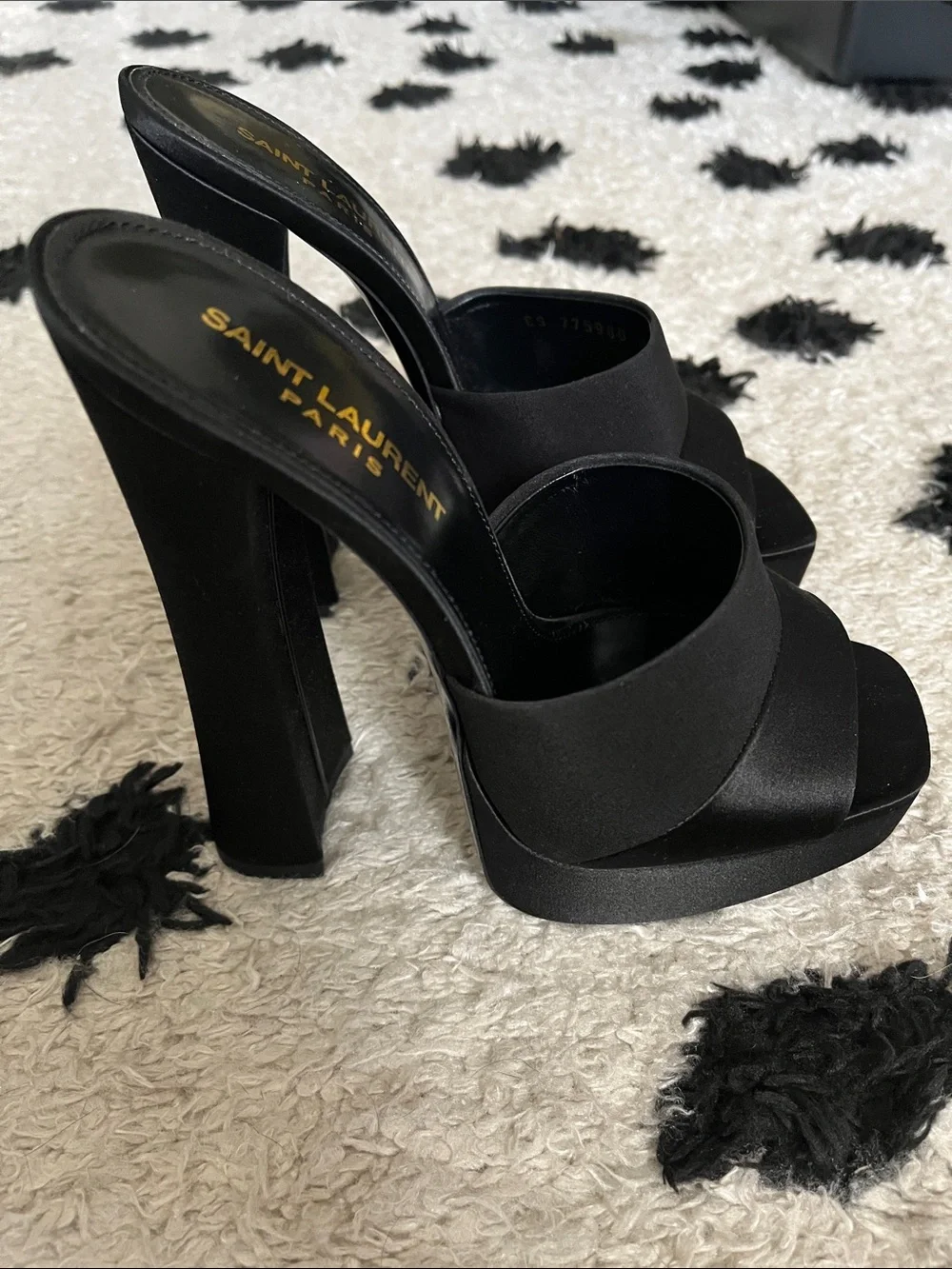 Saint Laurent size 7 Boogie 110 Black Satin Platform Mule Heels new